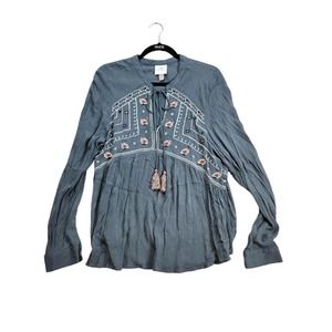 Knox Rose Womens Top Blouse Size XL Gray Long Sleeves Tassels Embroidered Floral